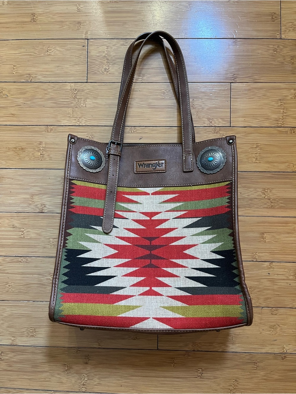 Wrangler Brown Tote with Canvas Red, Green, Black & Cream Aztec Panel